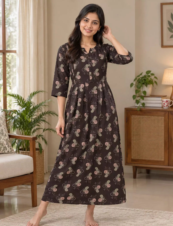 Floral Print Long Sleeve Kurti Style Nighty with Pocket – Mangai Nighties