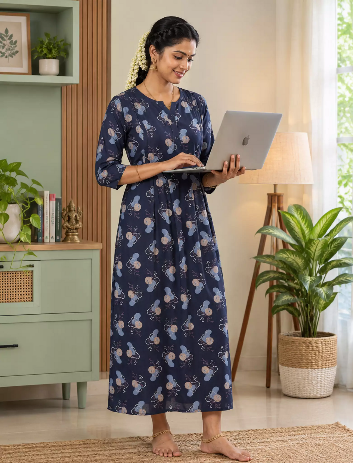 Floral Print Long Sleeve Kurti Style Nighty with Pocket – Mangai Nighties
