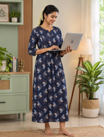 Floral Print Long Sleeve Kurti Style Nighty with Pocket – Mangai Nighties