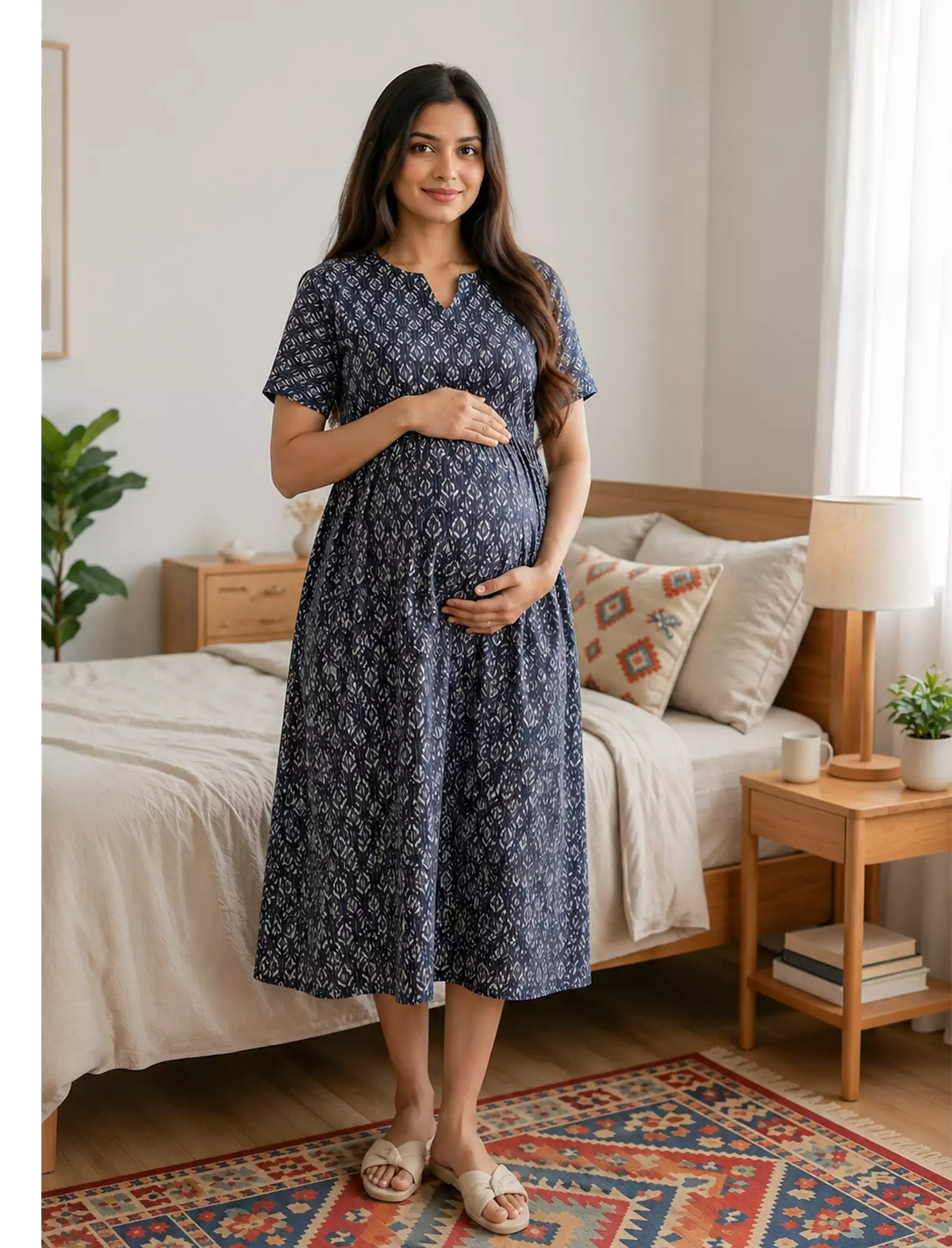 Katha Print Maternity & Feeding Casual Maxi Dress with Pockets – Mangai Nighties