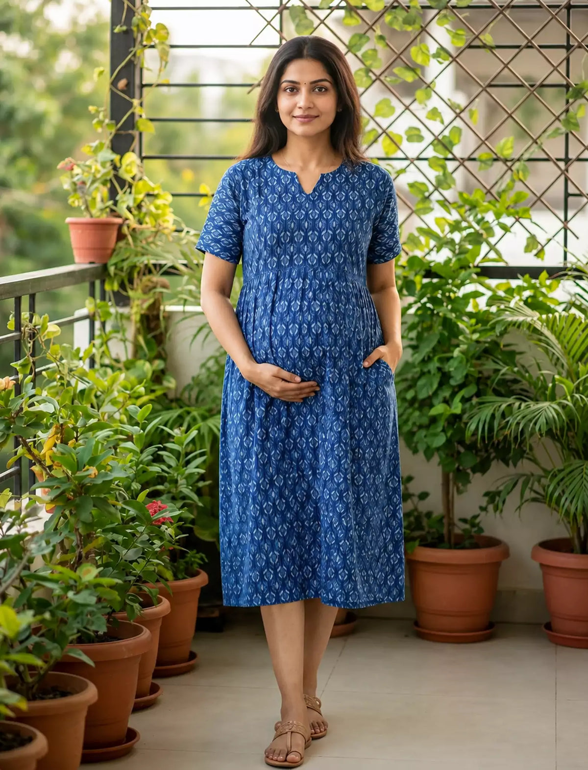 Katha Print Maternity & Feeding Casual Maxi Dress with Pockets – Mangai Nighties