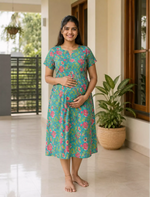 Katha Printed Stylish Dual Feeding Zipper Maxi with Back Tie - Mangai Nighties
