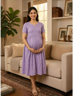 Lavender Katha Printed Maternity & Feeding Maxi Frock - Mangai Nighties