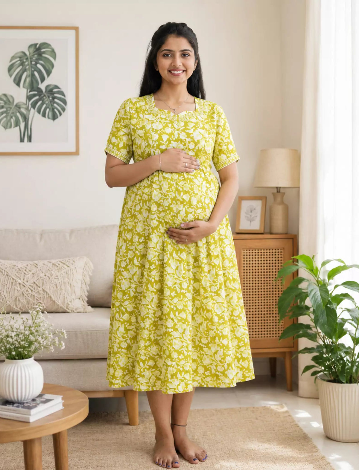 Cotton Maternity Maxi – Dual Invisible Zipper Nursing - Mangai Nighties