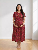 Floral Printed Maternity & Feeding Maxi Frock with Zipper - Mangai Nighties