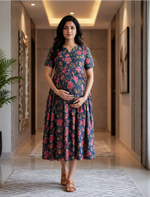 Floral Printed Maternity & Feeding Maxi Frock with Zipper - Mangai Nighties