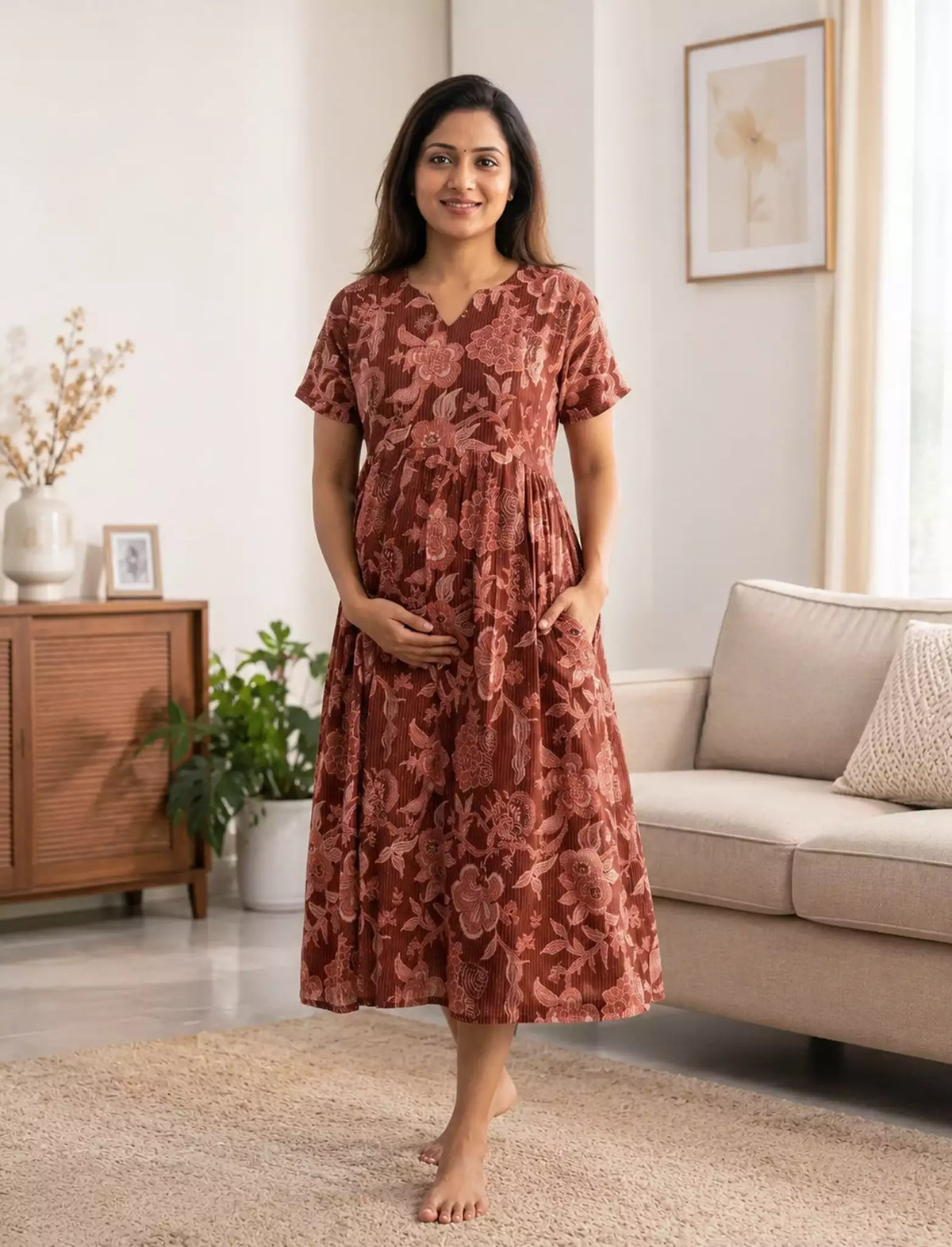 Floral Print Maternity & Casual Maxi Frock With Feeding Zip – Mangai Nighties
