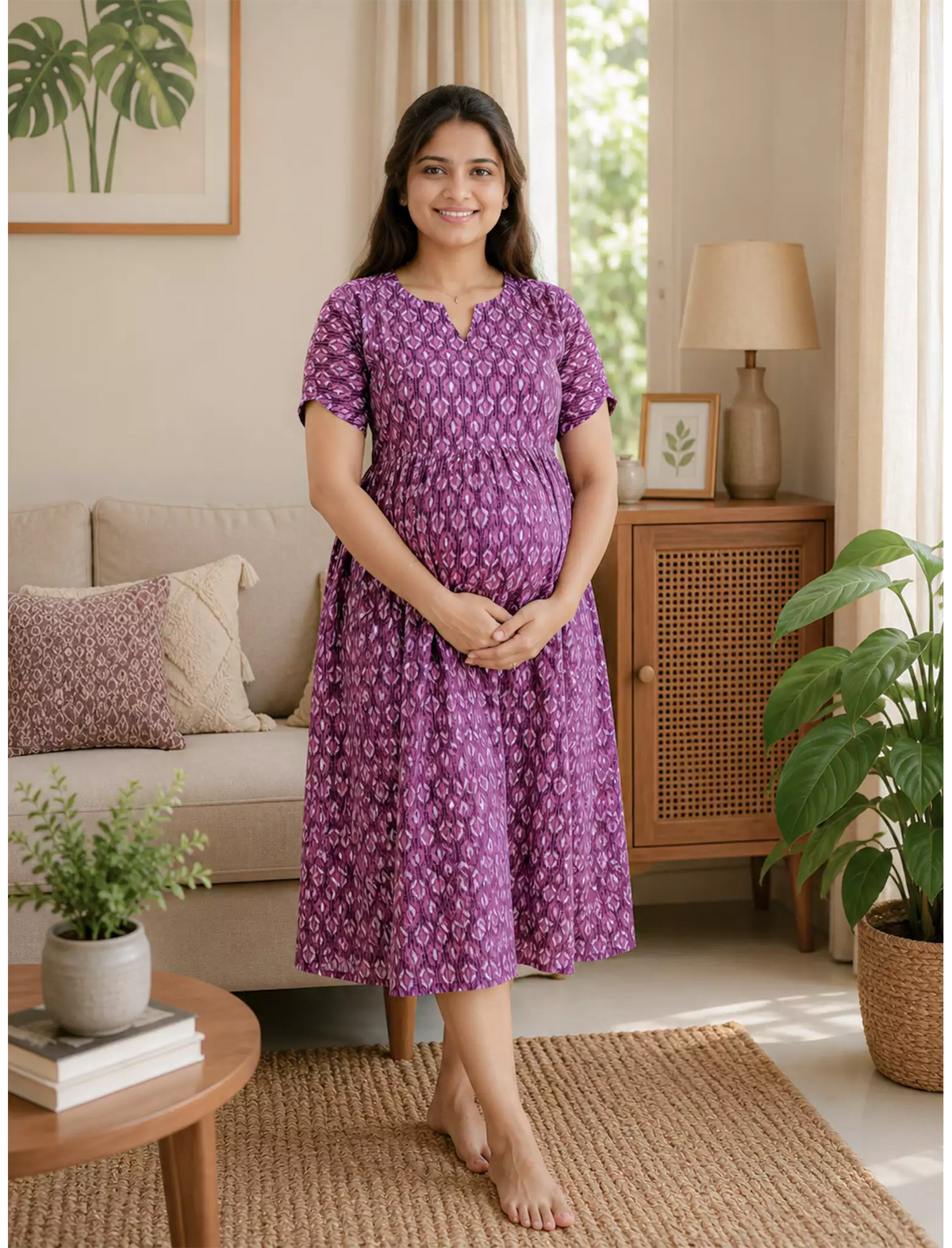 New Katha Printed Stylish Feeding Maxi with Soft Cotton Fabric, V-Cut Neck & Back Tie-Up Rope MAXI Feeding Frock (KFM)