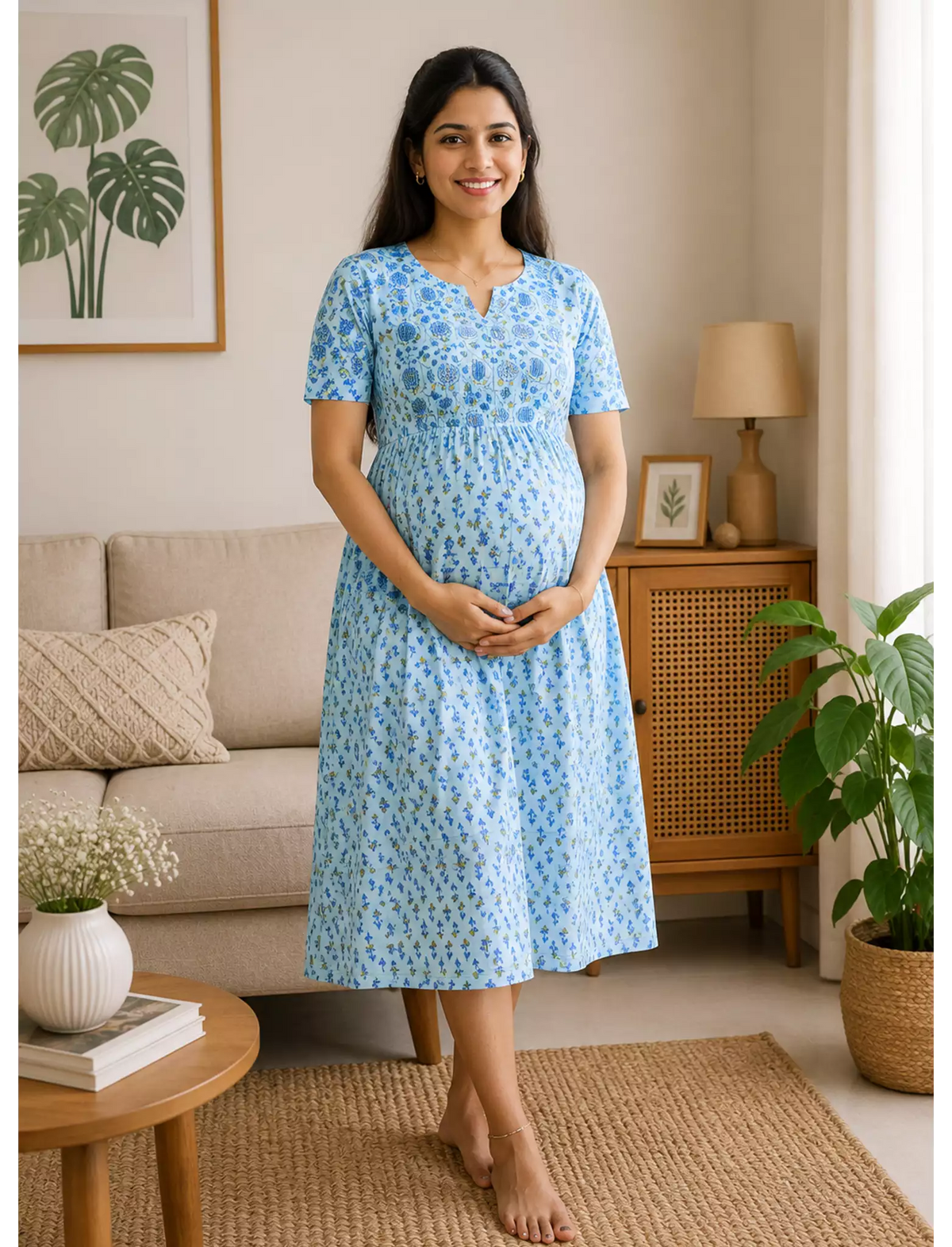 Katha Print Feeding Maxi with Back Tie & Dual Feeding Zip - Mangai Nighties