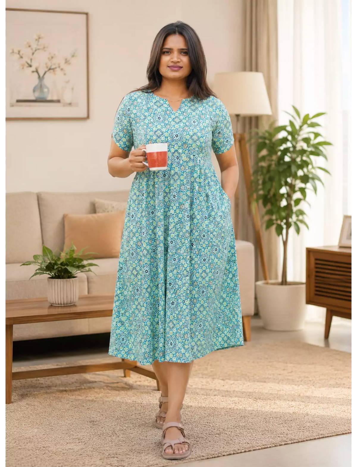Katha Print Cotton Feeding Maxi with Back Tie - Mangai Nighties
