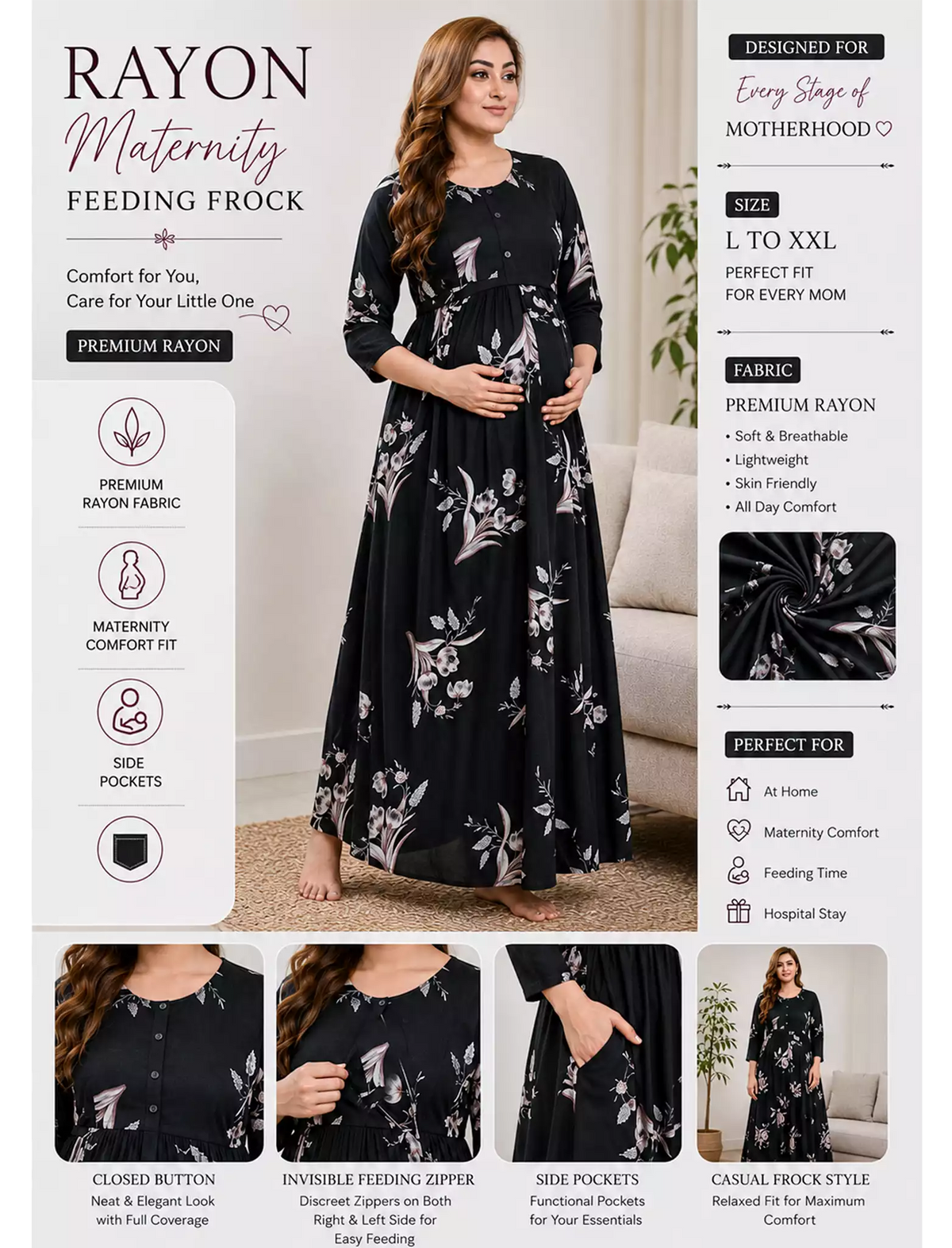 Rayon Feeding Maternity Long Frock - Mangai Nighties
