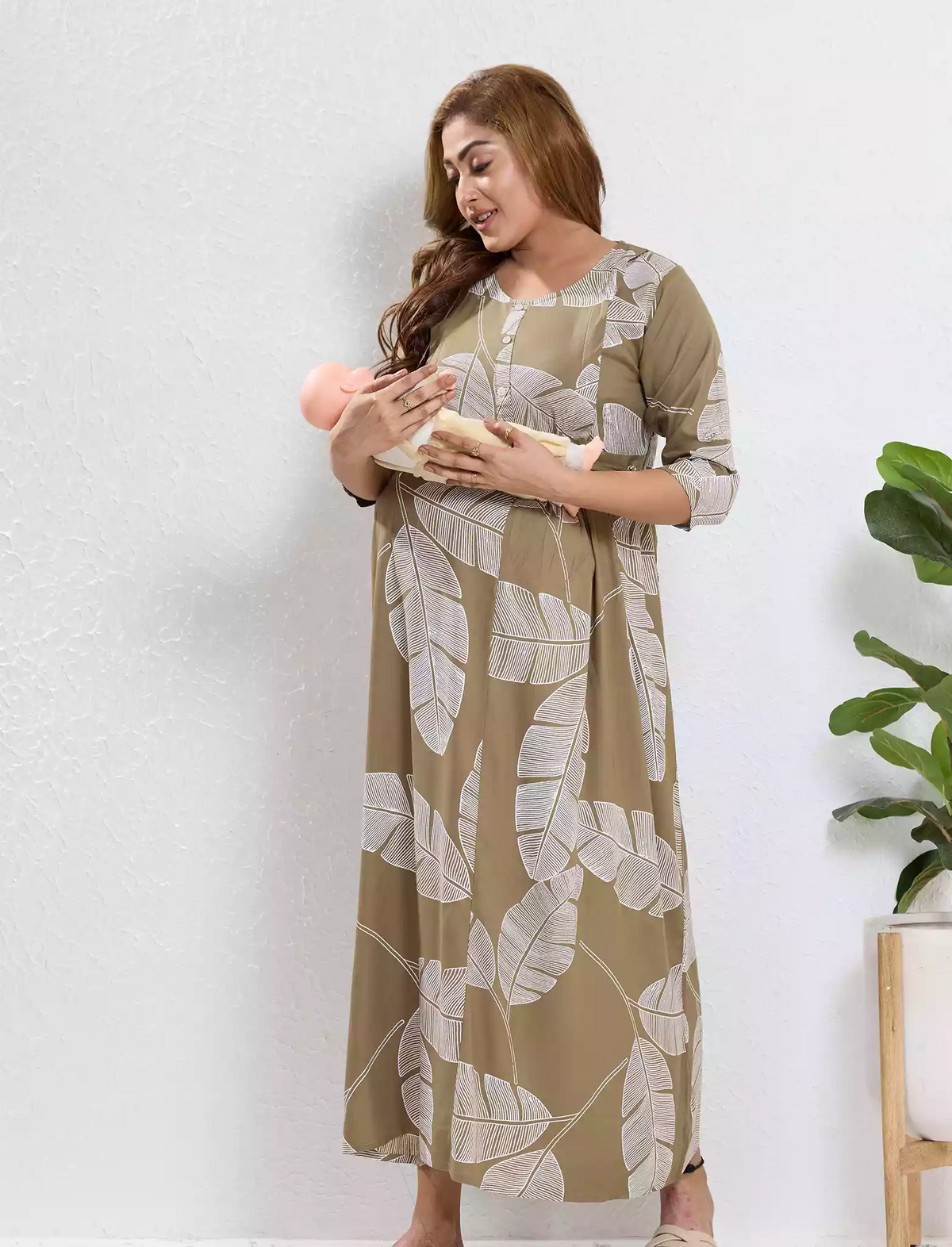 Olive Rayon Feeding Long Frock - Mangai Nighties