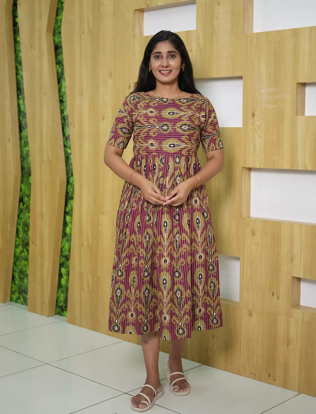 Traditional Ikat Print Cotton Maxi Frock with Pocket | Mangai Nighties