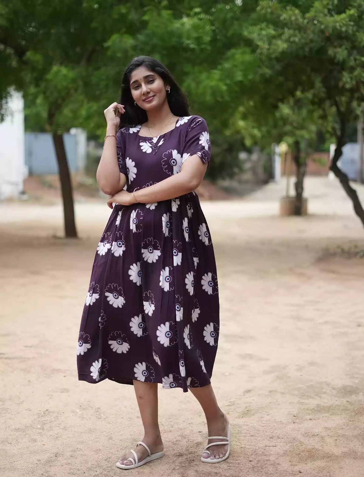 Rayon Floral Print Casual Wear Maxi Dress with Pocket | Mangai Nighties
