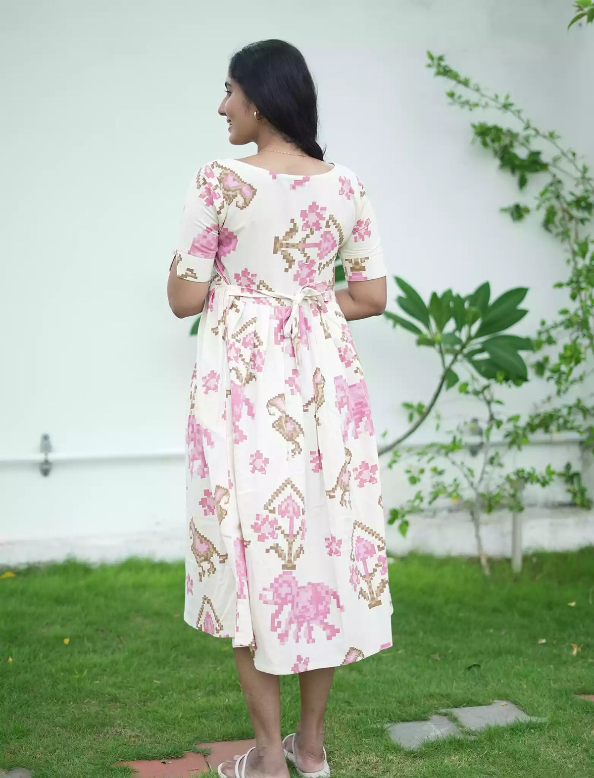 Abstract Print Cotton Maxi Frock with Pocket & Back Tie | Mangai Nighties
