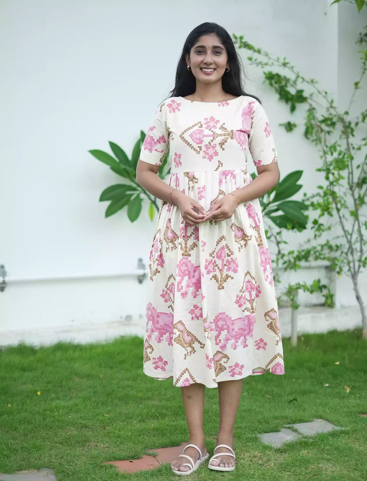 Abstract Print Cotton Maxi Frock with Pocket & Back Tie | Mangai Nighties