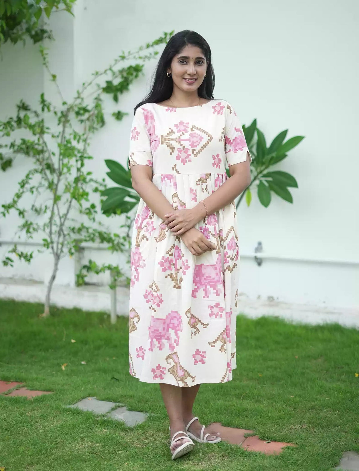 Abstract Print Cotton Maxi Frock with Pocket & Back Tie | Mangai Nighties
