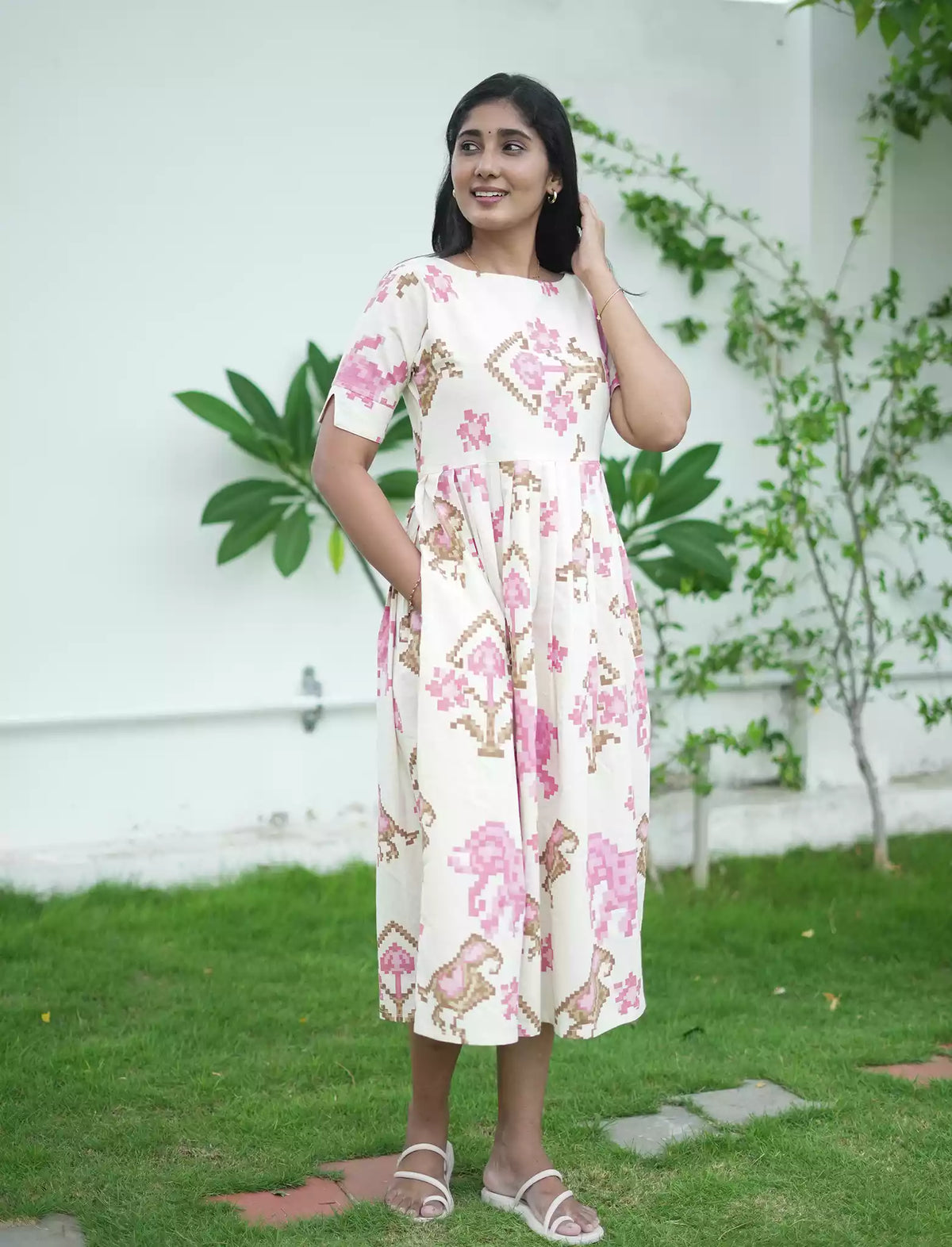 Abstract Print Cotton Maxi Frock with Pocket & Back Tie | Mangai Nighties