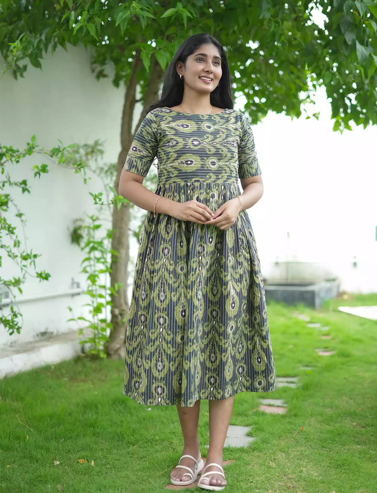 Traditional Ikat Print Cotton Maxi Frock with Pocket | Mangai Nighties