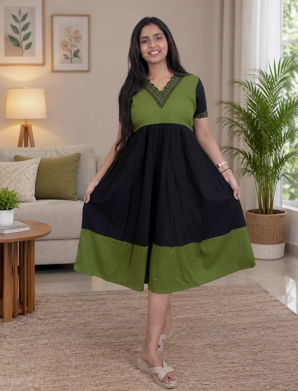 Rayon Plain Embroidered V-Neck Rayon Maxi with Pocket - Mangai Nighties