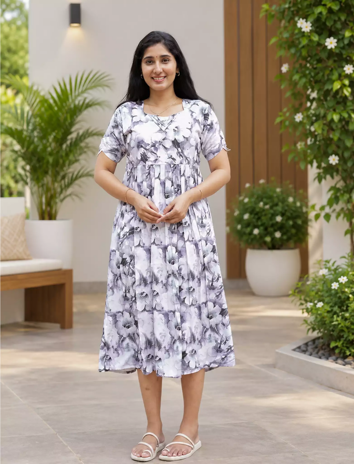 Rayon Floral Print Casual Maxi Dress with Boat Neck| Mangai Nighties