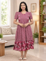 Maroon Leaf Print Rayon Frill Maxi with Back Tie - Mangai Nighties