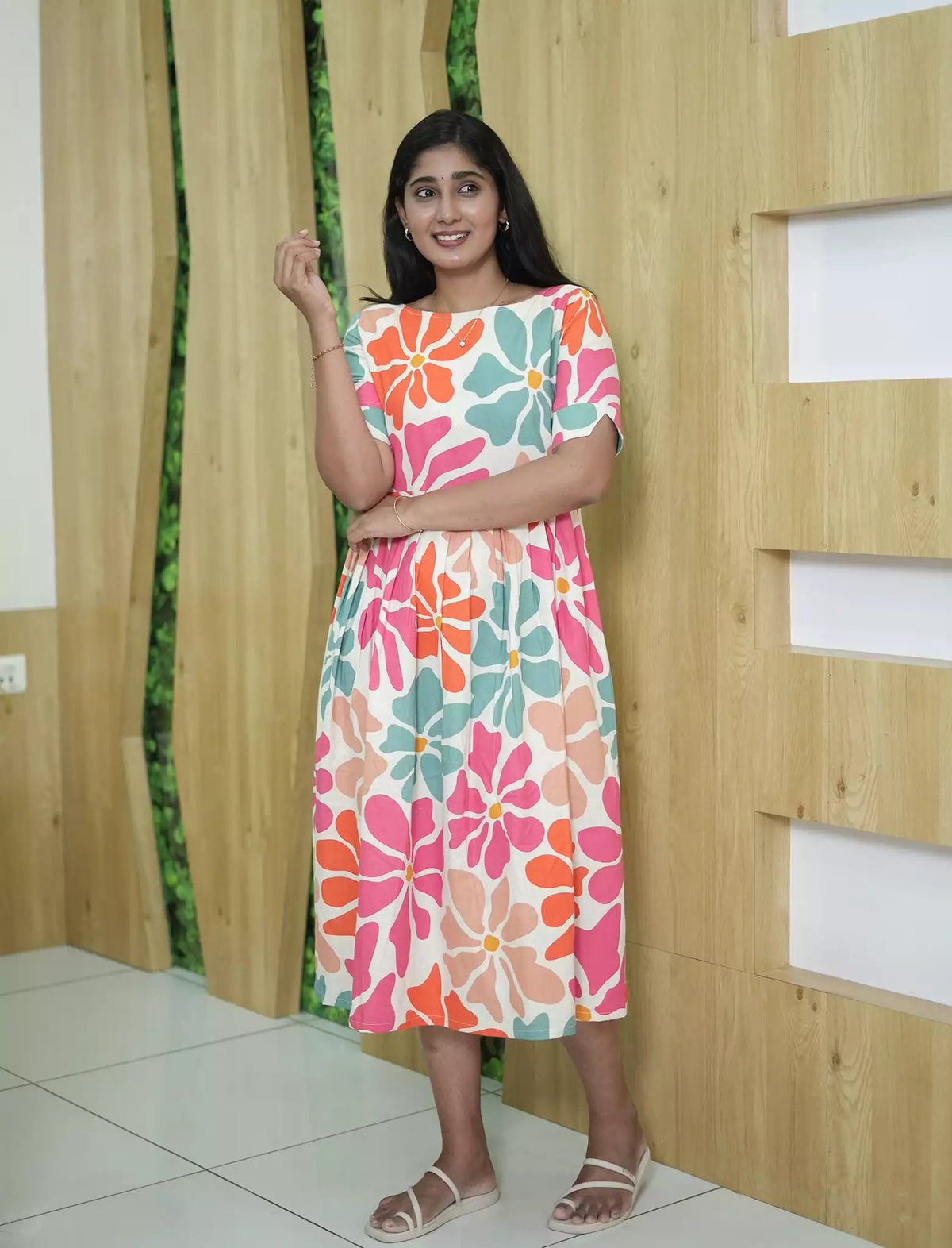 Abstract Floral Print Cotton Maxi Frock with Pocket | Mangai Nighties