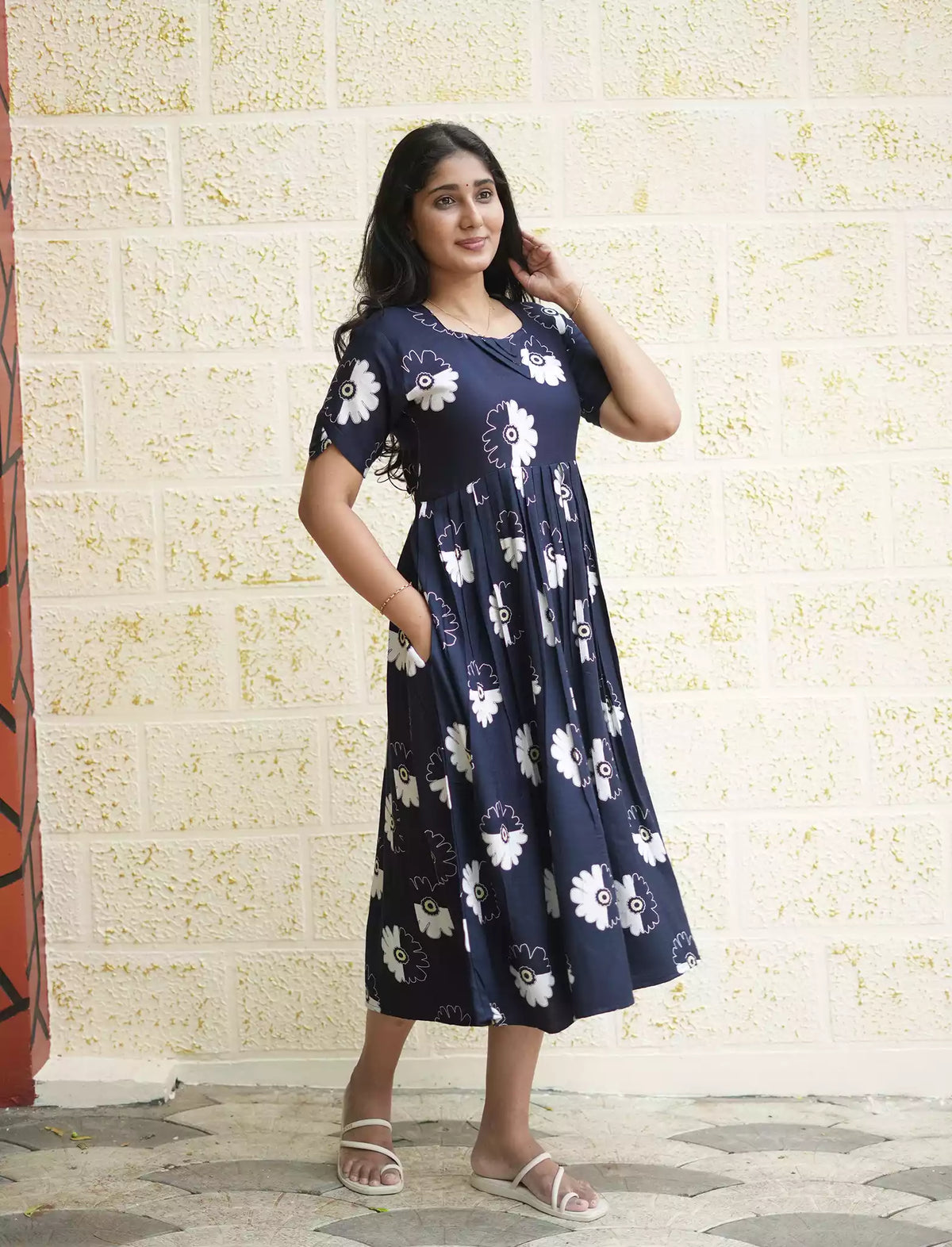 Rayon Floral Print Casual Wear Maxi Dress with Pocket | Mangai Nighties