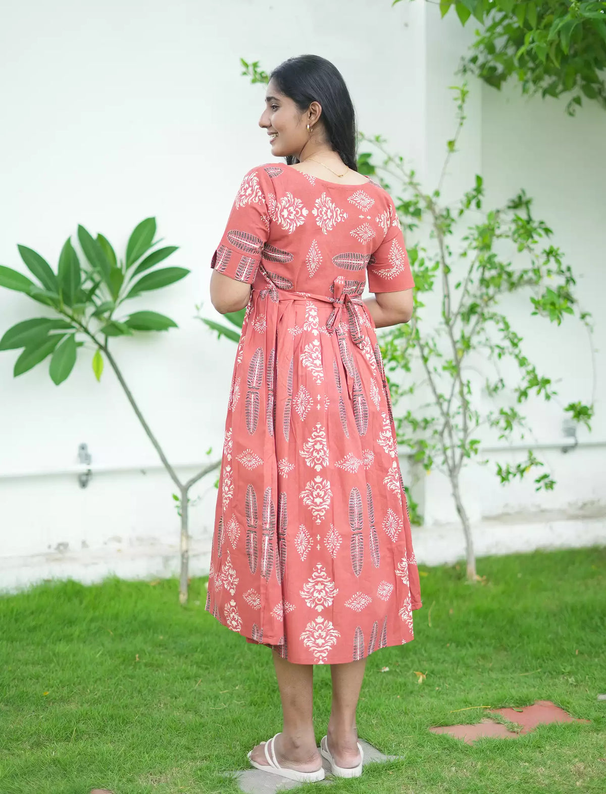 Cotton Leaf Print Cut Sleeve Maxi Frock with Pocket | Mangai Nighties
