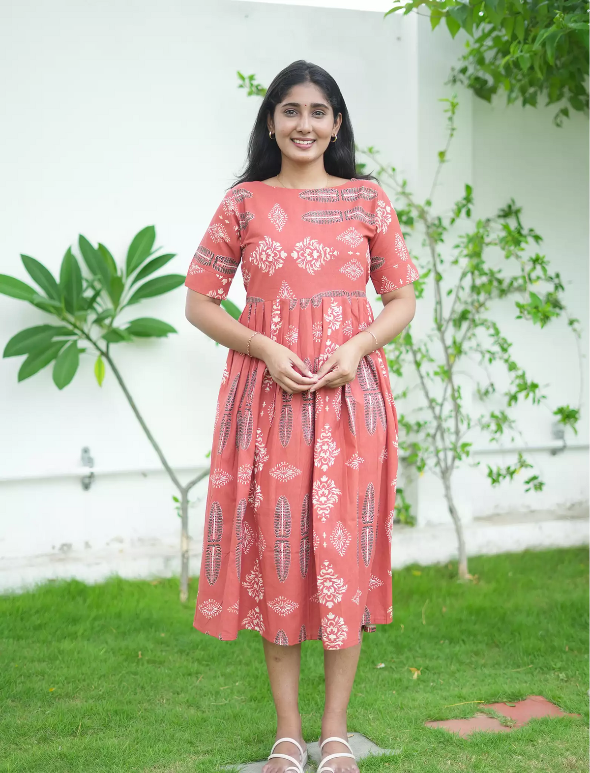 Cotton Leaf Print Cut Sleeve Maxi Frock with Pocket | Mangai Nighties