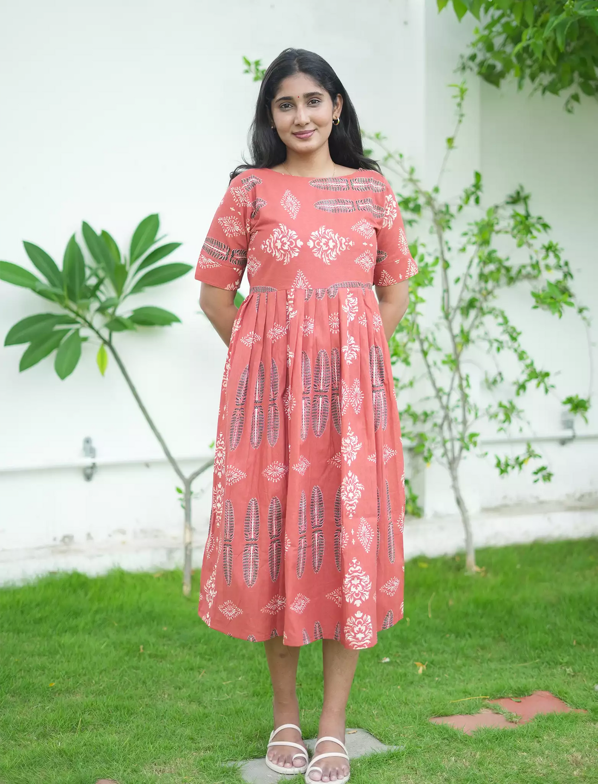 Cotton Leaf Print Cut Sleeve Maxi Frock with Pocket | Mangai Nighties