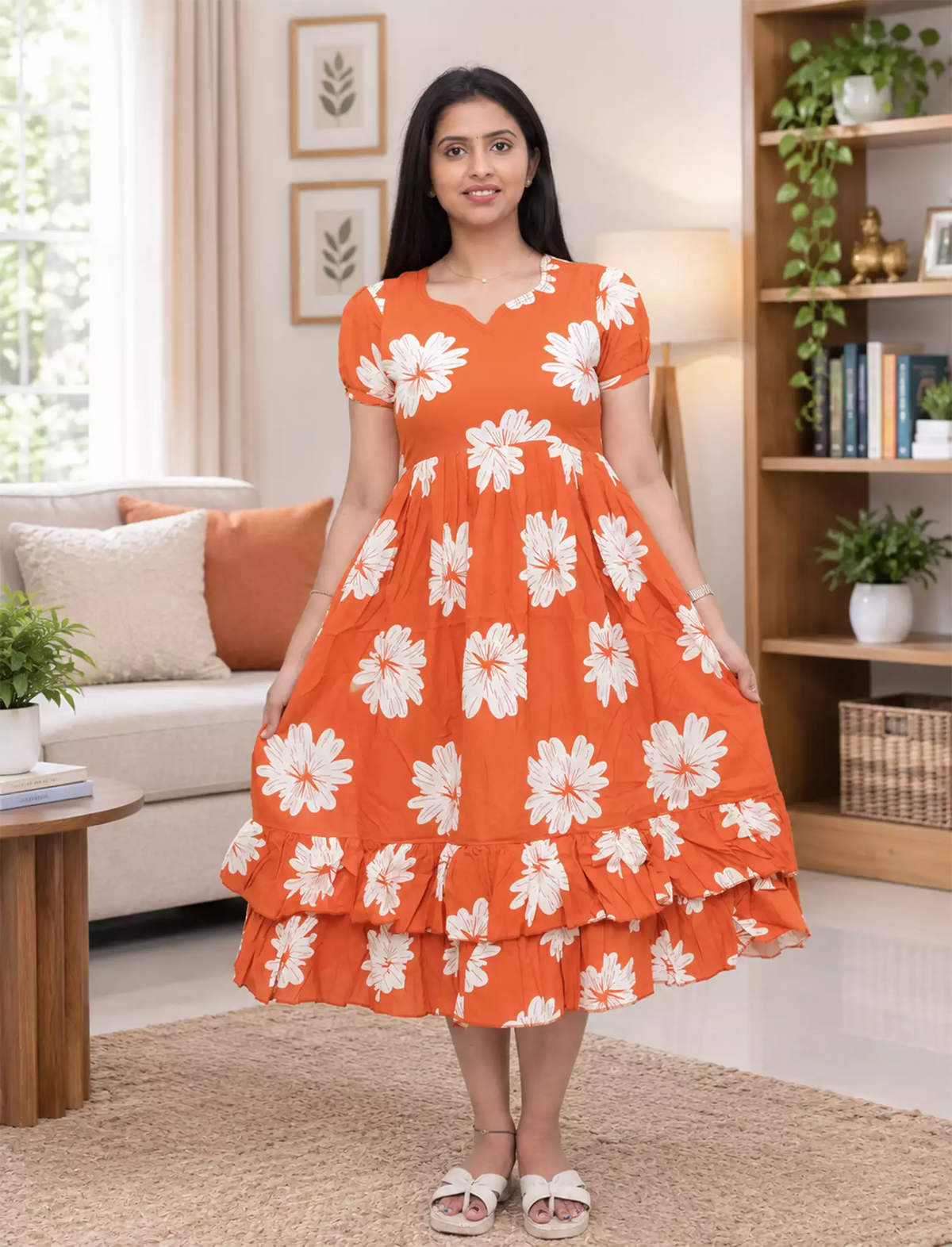 Orange Floral Rayon Frill Maxi Frock with Back Tie - Mangai Nighties