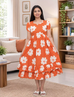 Orange Floral Rayon Frill Maxi Frock with Back Tie - Mangai Nighties