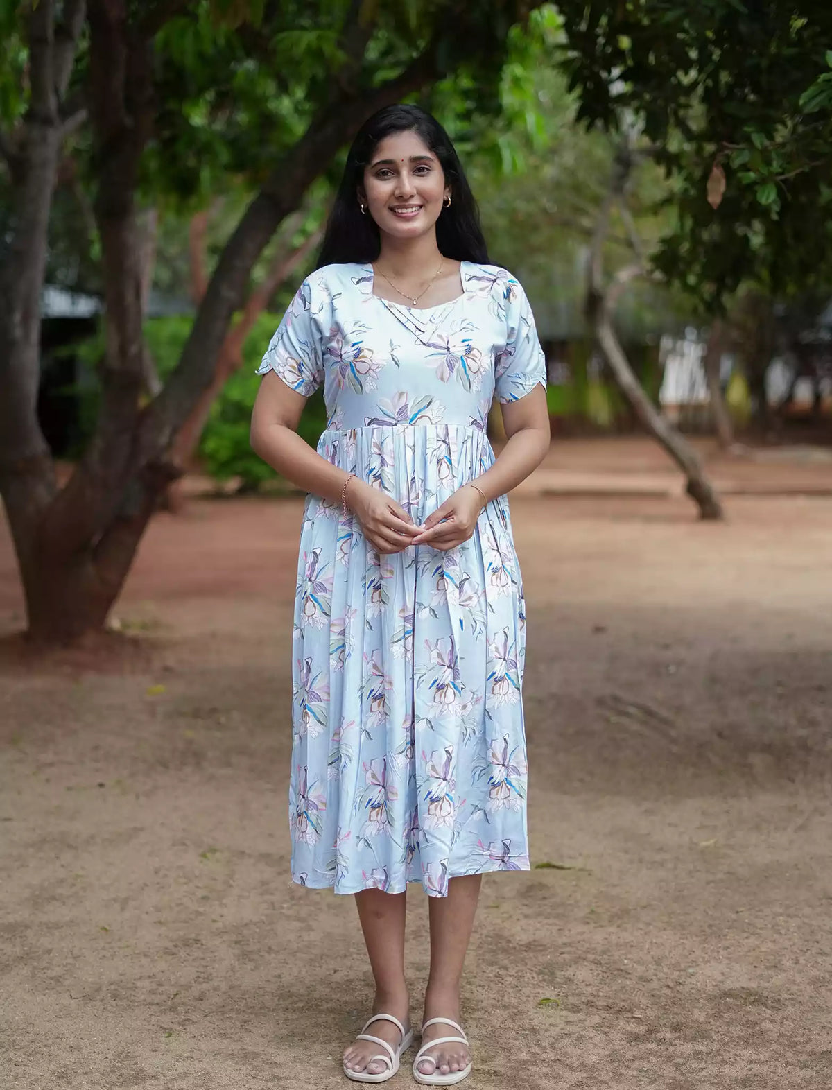 Rayon Floral Print Boat Neck Maxi Dress | Mangai Nighties
