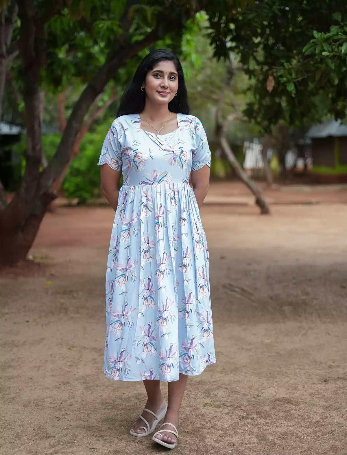 Rayon Floral Print Boat Neck Maxi Dress | Mangai Nighties