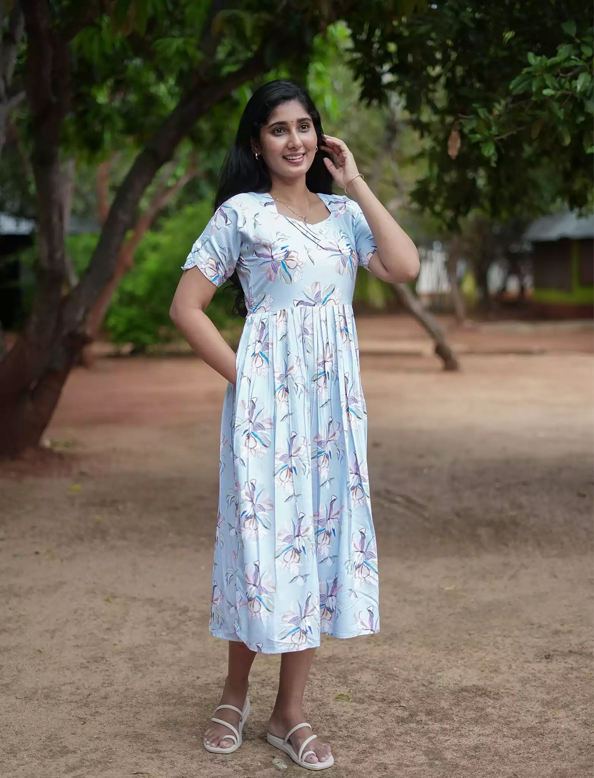 Rayon Floral Print Boat Neck Maxi Dress | Mangai Nighties
