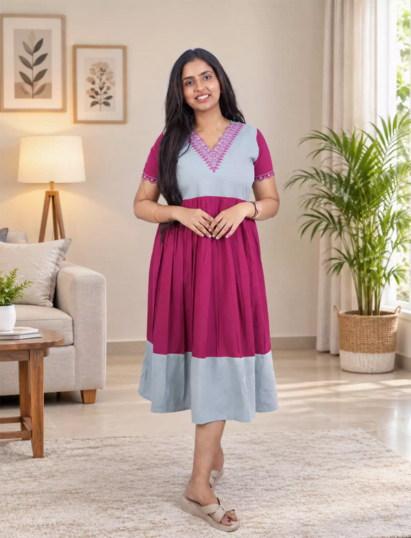 Rayon Mix & Match Embroidery Maxi | V-Neck | Mangai Nighties