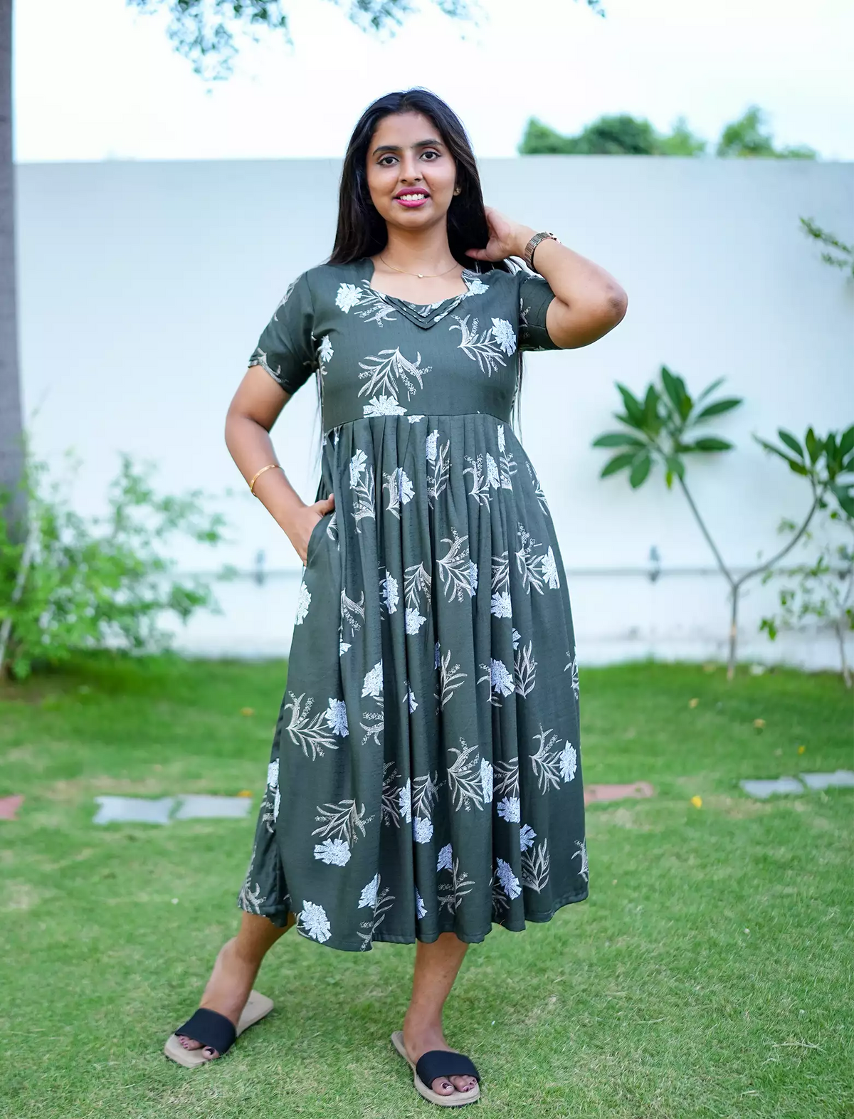Rayon Floral Print Maxi Dress with Pocket | Mangai Nighties