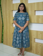 Cotton Leaf Print Cut Sleeve Maxi Frock with Pocket | Mangai Nighties
