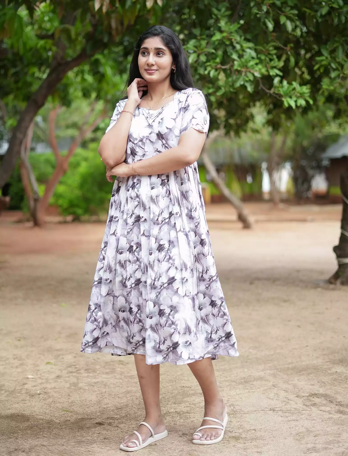 Rayon Floral Print Casual Maxi Dress with Boat Neck| Mangai Nighties