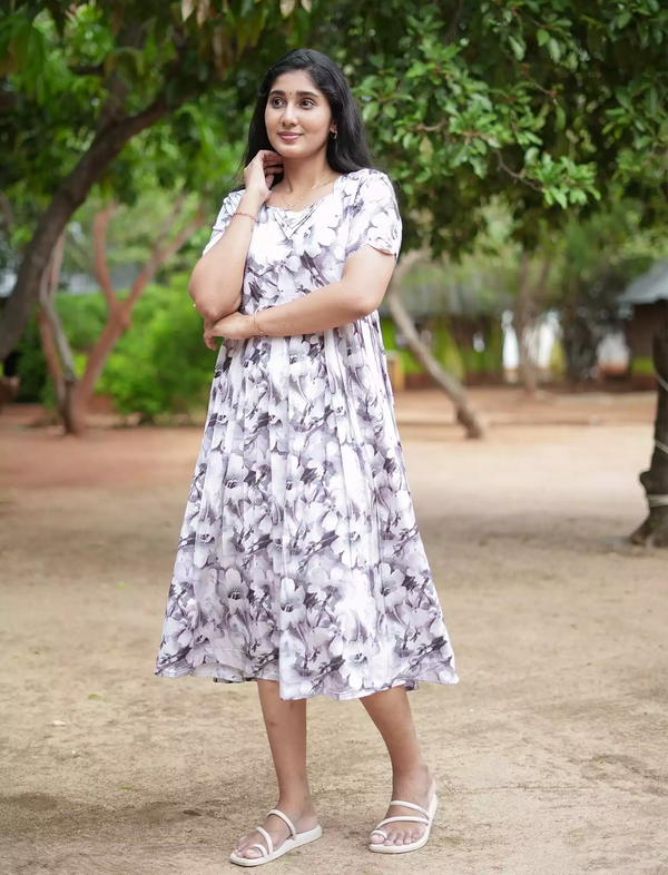 Rayon Floral Print Casual Maxi Dress with Boat Neck| Mangai Nighties