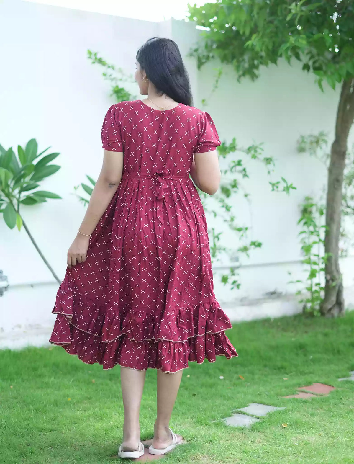 Rayon Bandhani Motif Print Maxi Frock with Fancy Sleeve - Mangai Nighties