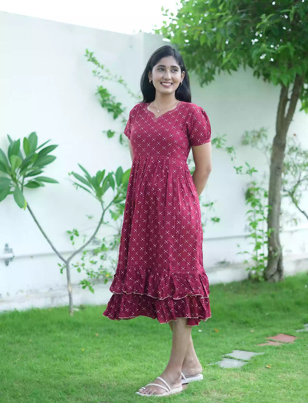 Rayon Bandhani Motif Print Maxi Frock with Fancy Sleeve - Mangai Nighties