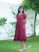 Rayon Bandhani Motif Print Maxi Frock with Fancy Sleeve - Mangai Nighties