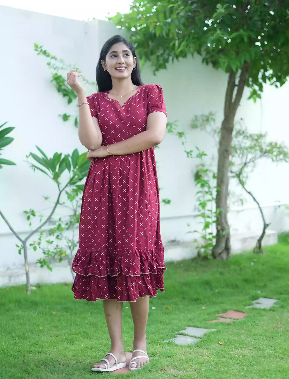 Rayon Bandhani Motif Print Maxi Frock with Fancy Sleeve - Mangai Nighties