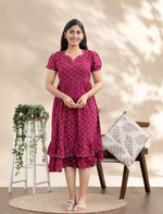 Rayon Bandhani Motif Print Maxi Frock with Fancy Sleeve - Mangai Nighties