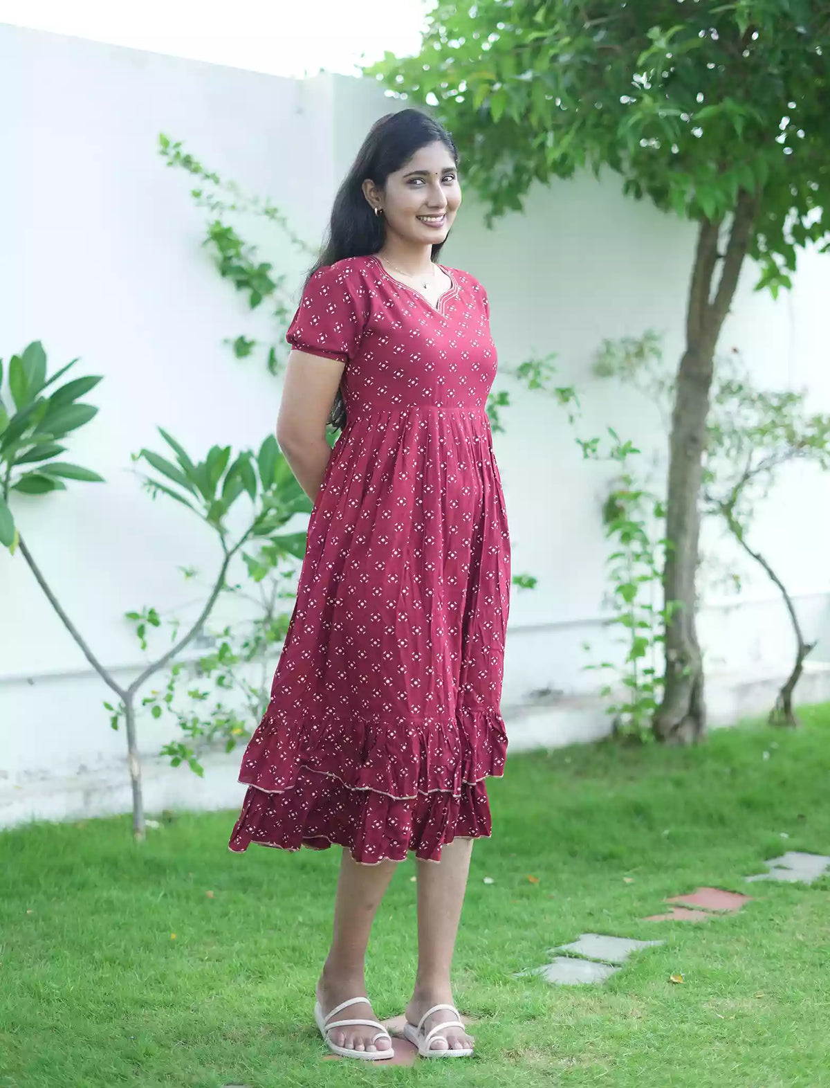 Rayon Bandhani Motif Print Maxi Frock with Fancy Sleeve - Mangai Nighties