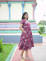 Rayon Vibrant Floral Print Maxi Frock with Puff Sleeve - Mangai Nighties