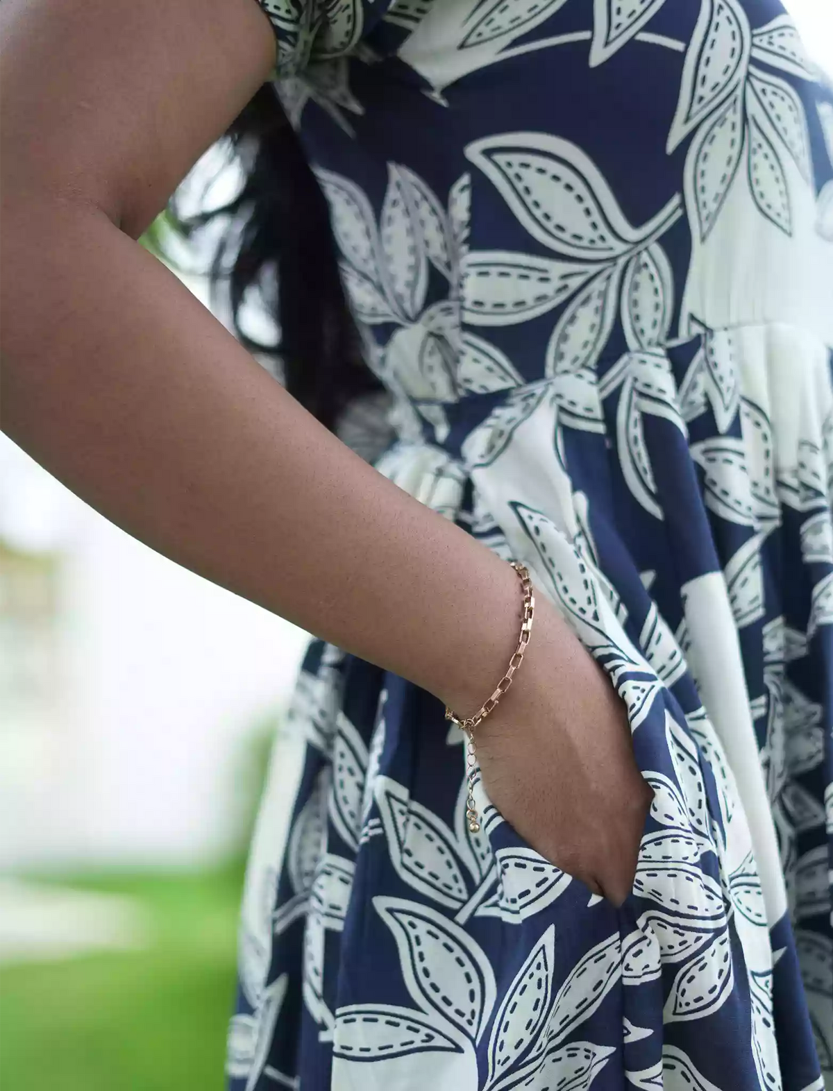Rayon Navy Blue Leaf Print Rayon Maxi Frock with Puff Sleeve - Mangai Nighties