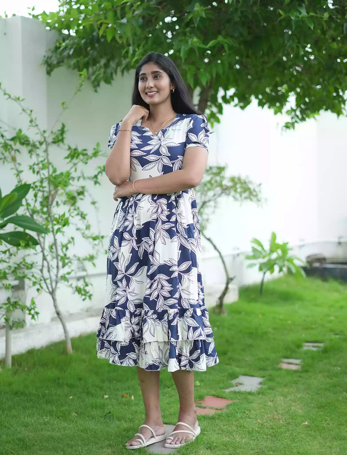 Rayon Navy Blue Leaf Print Rayon Maxi Frock with Puff Sleeve - Mangai Nighties